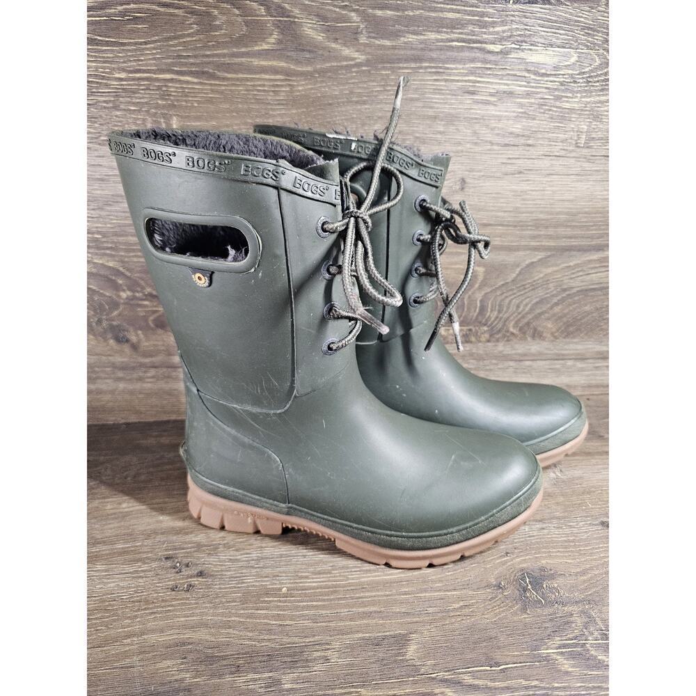 Bogs Amanda Plush Lace Up Waterproof Winter Rain Boots Green Womens Size 6